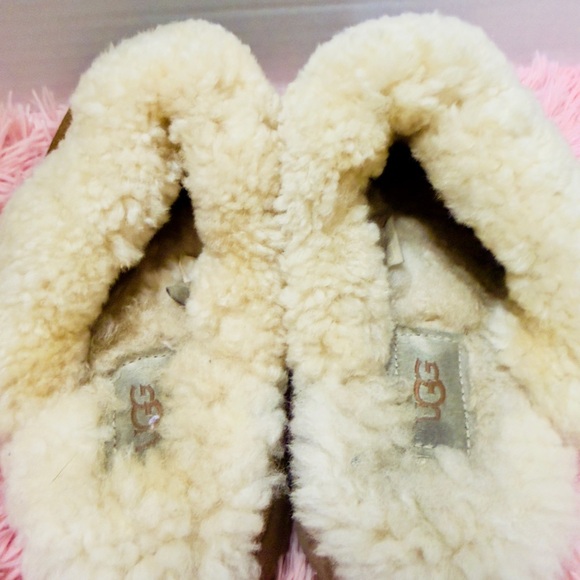 UGG DISQUETTE $165 SUEDE SHEARLING CHESTNUT CUFF PLATFORM SLIPPERS US 7 EUC - Picture 5 of 8